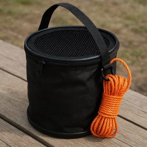 Folding Canvas Fishing Bucket Portable Collapsible Water Pail With Rope Live Bait Tank Mesh Lid Outdoor Camping